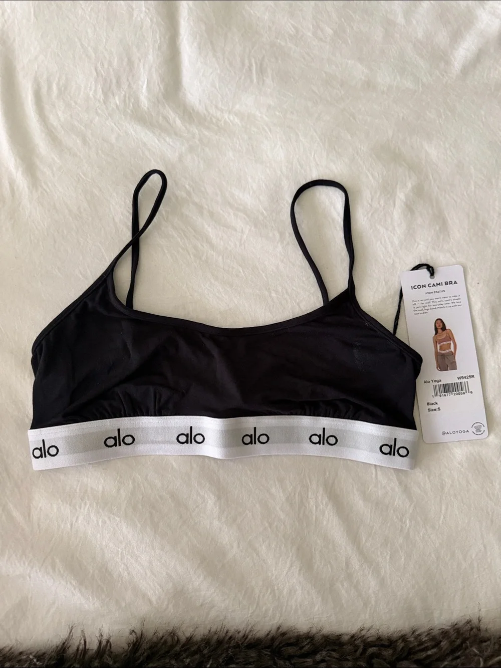 ALO Yoga Black Cami Bra with White Logo Band